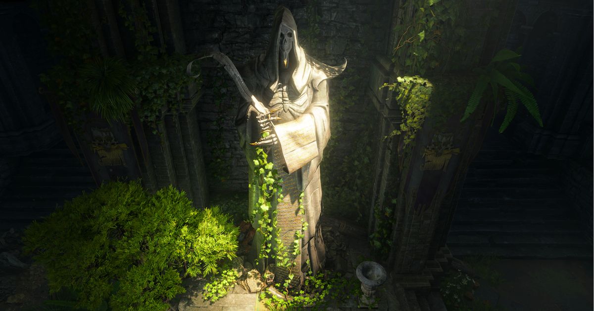 A statue of a skeleton in a robe holding a sword, surrounded by greenery and stone pillars, from Baldur's Gate 3.
