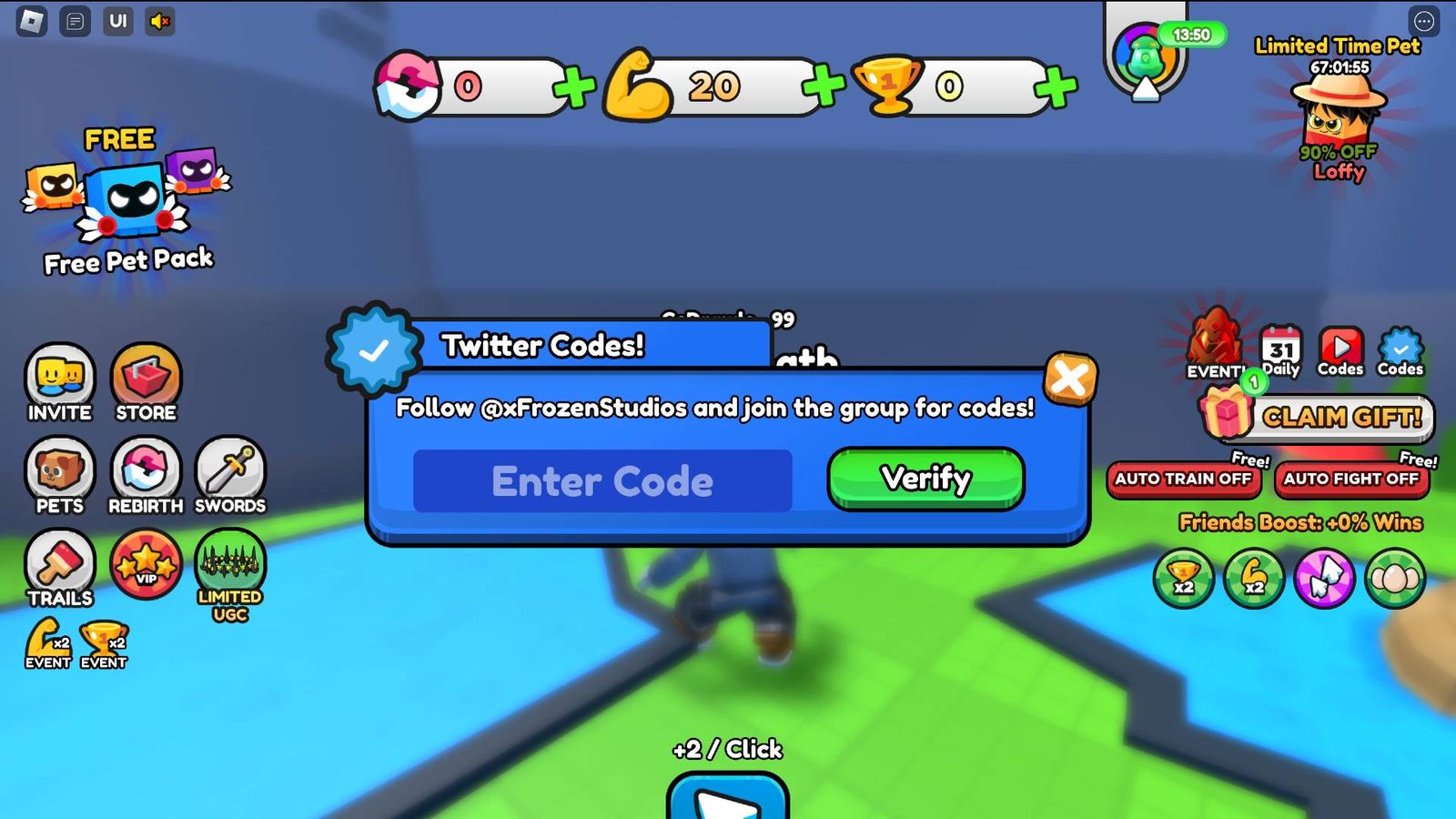 The code redemption screen in Pull a Sword on Roblox.
