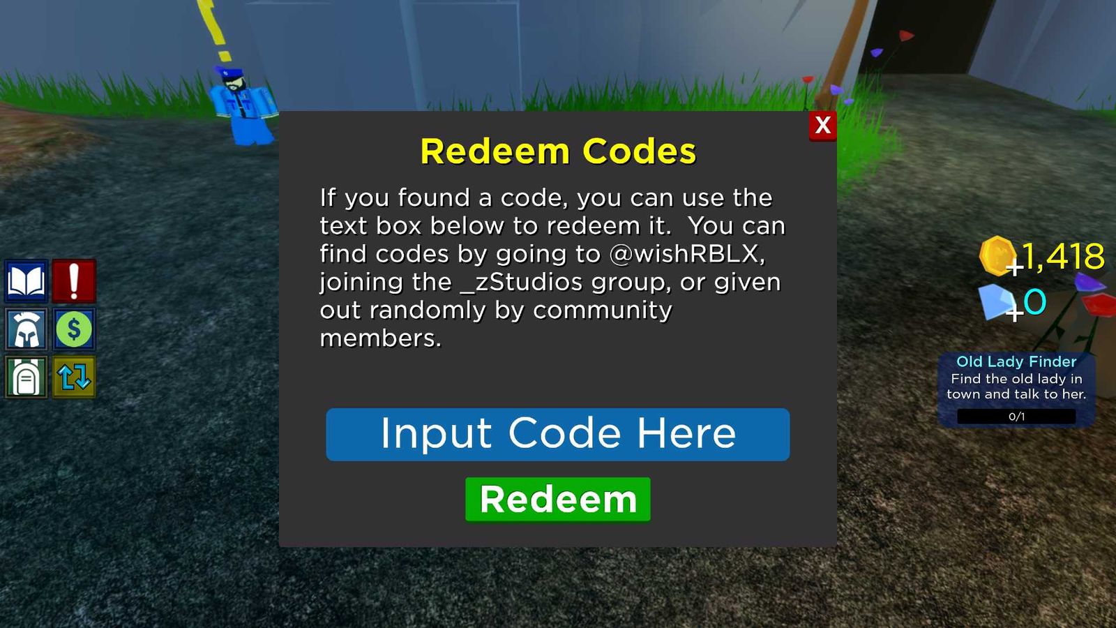 The code redemption box in Hero Havoc on Roblox.