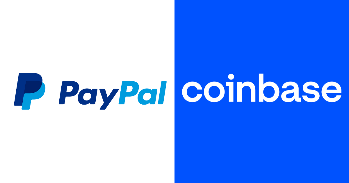 PayPal logo next to Coinbase logo.