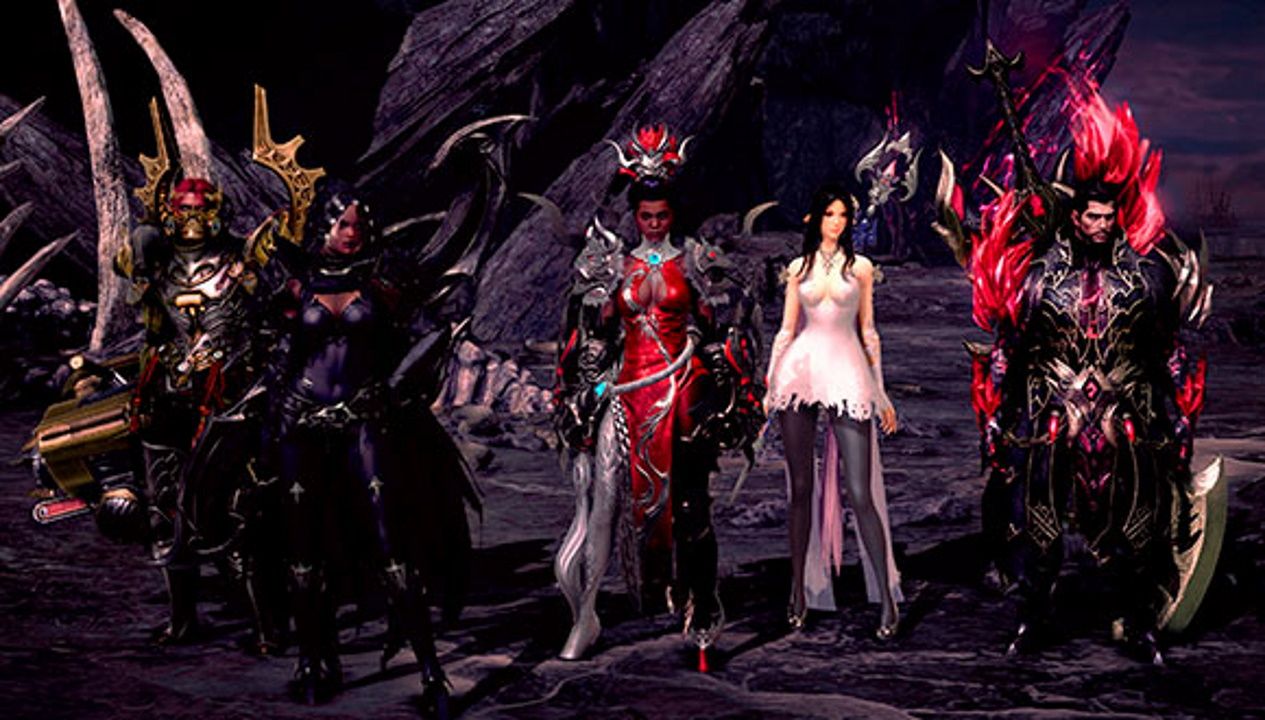 A team of players standing side by side. Each wears armour and holds their chosen weapon