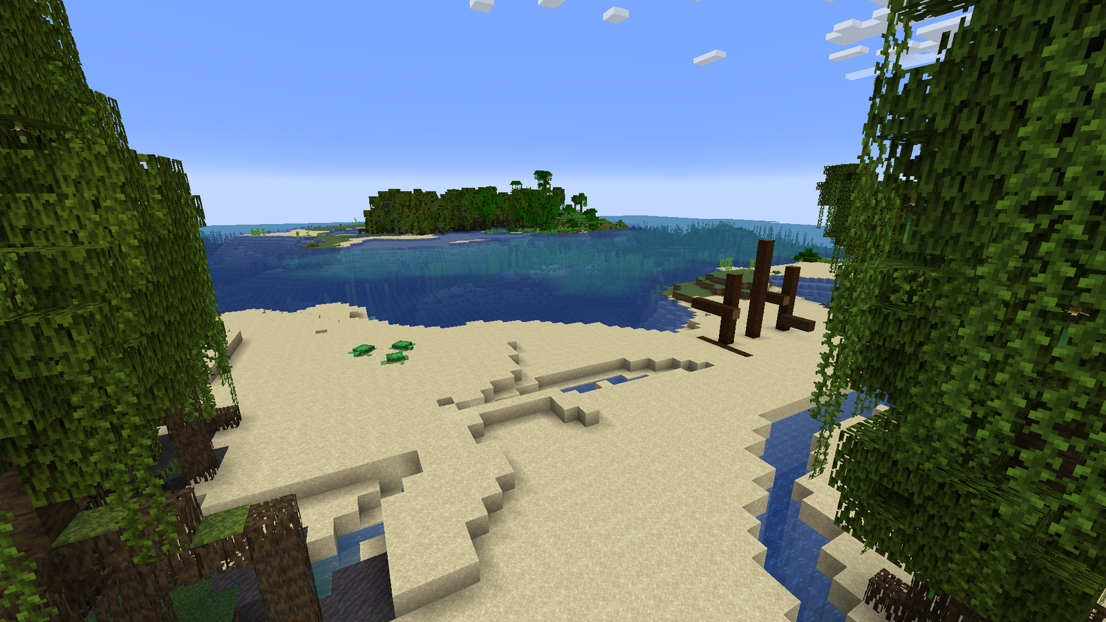 A Minecraft beach, surrounded by mangrove forest.