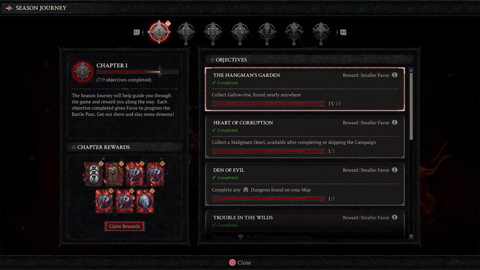 An in-game screenshot of Chapter 1 of the Malignant Season in Diablo 4. 