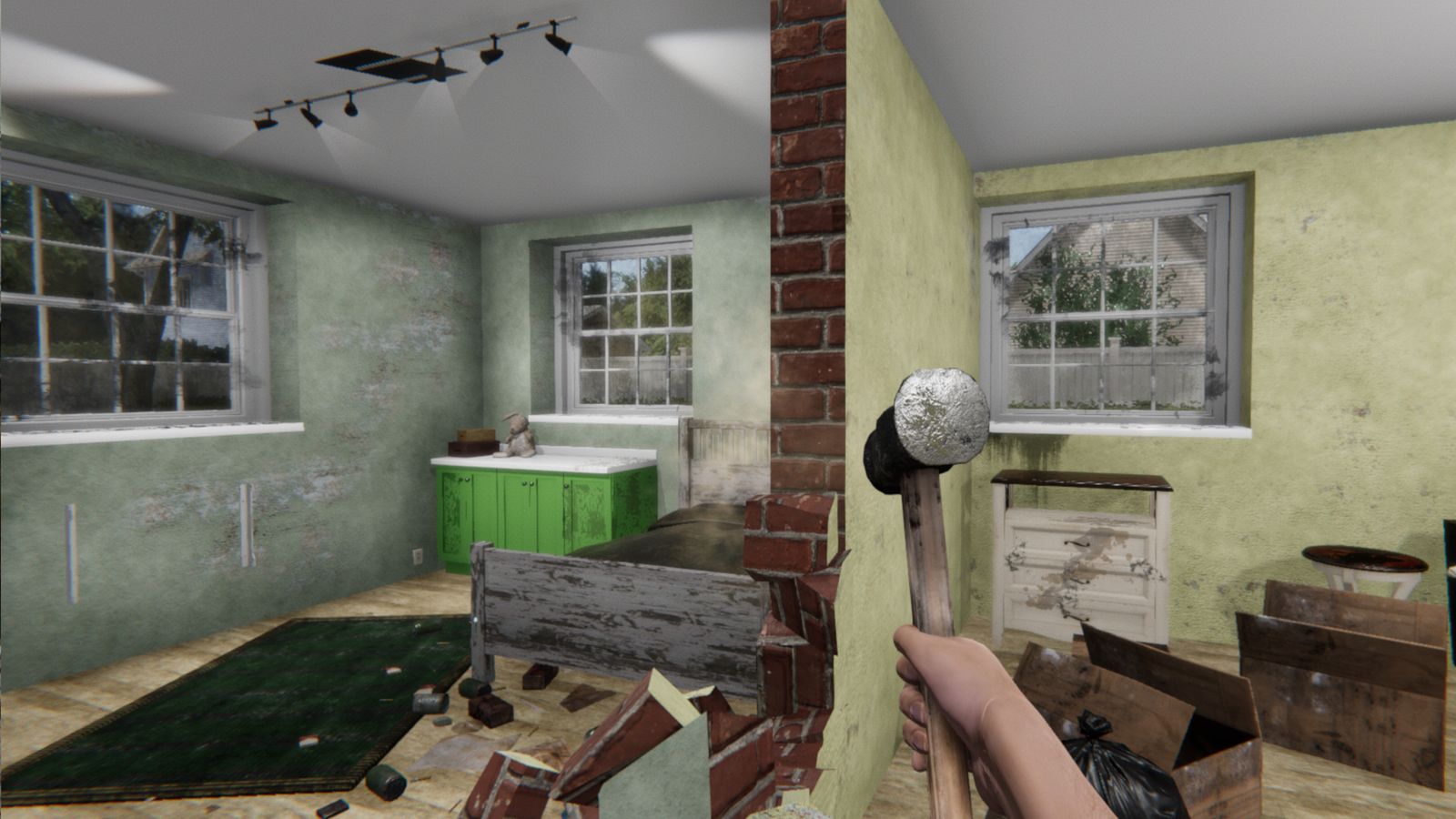 A first-person shot from House Flipper of someone holding a hammer knocking down an internal wall.