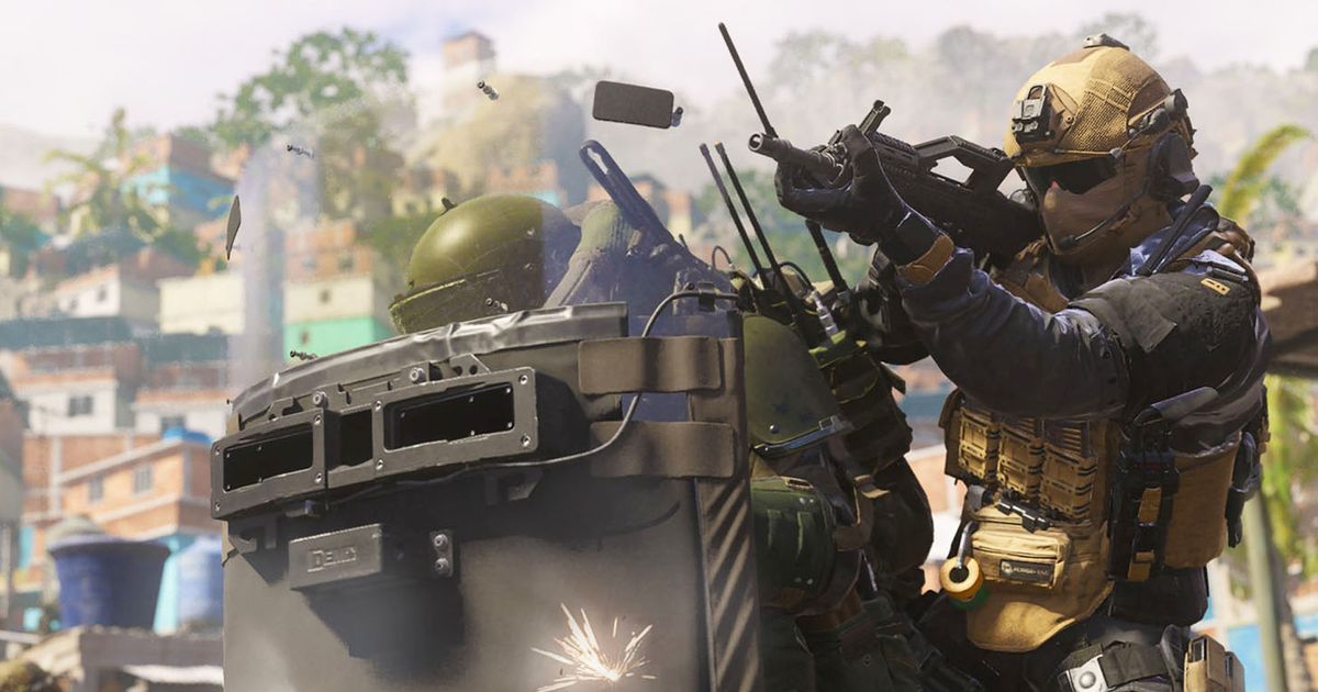 Modern Warfare 3 player taking cover behind riot shield and player firing assault rifle behind them