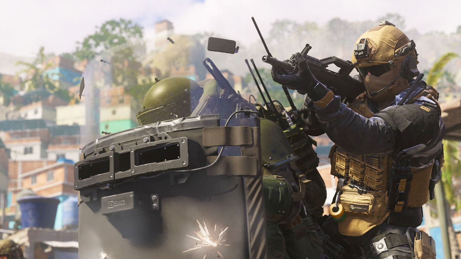 Modern Warfare 3 player taking cover behind riot shield and player firing assault rifle behind them