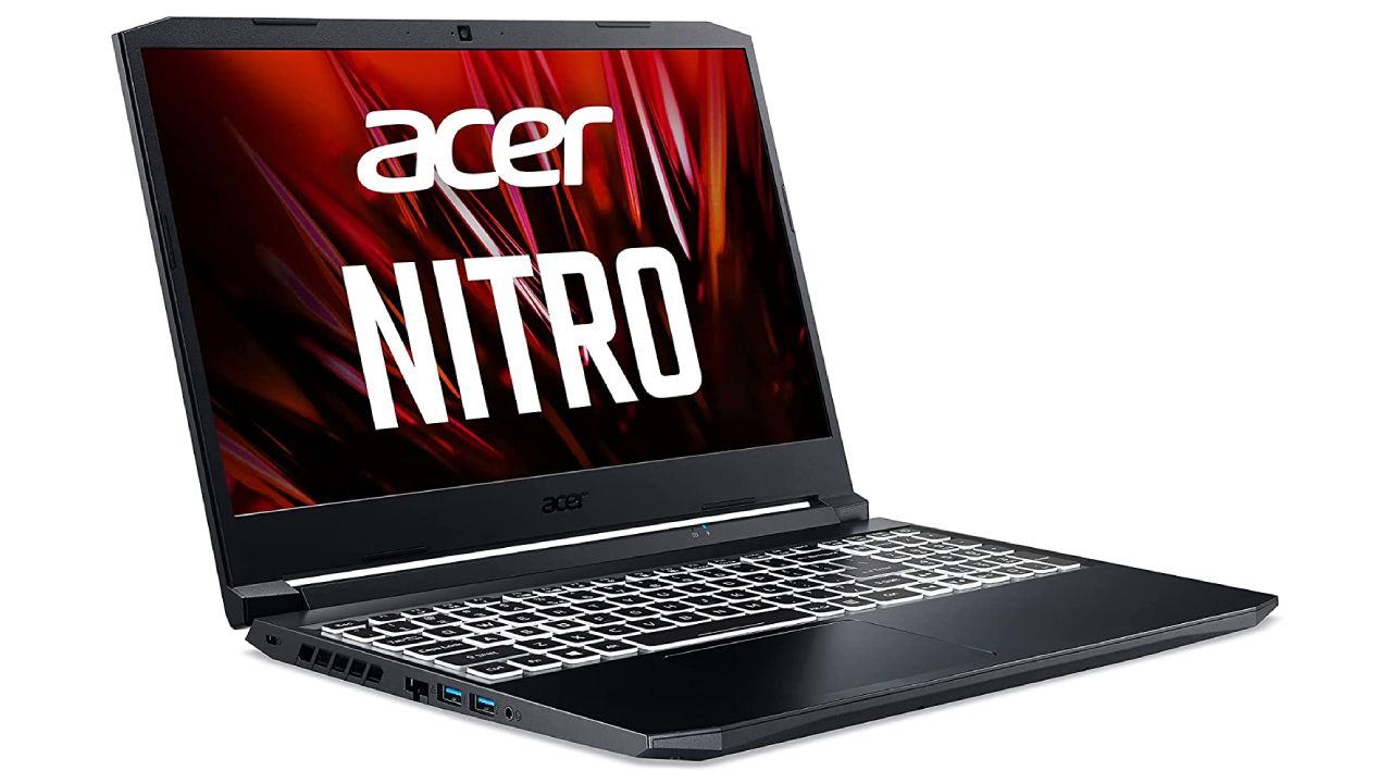 Acer Nitro 5 product image of a black laptop with white backlit keys.