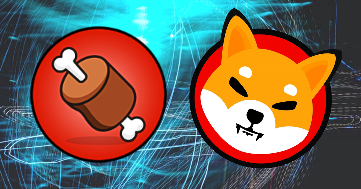 Image of Shiba Inu token and BONE logos, in front of blue background.