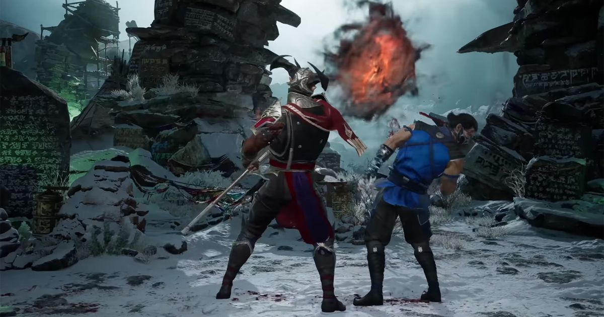 A screenshot from the Mortal Kombat 1 trailer, showing two fighters battling against a rubble-filled backdrop.