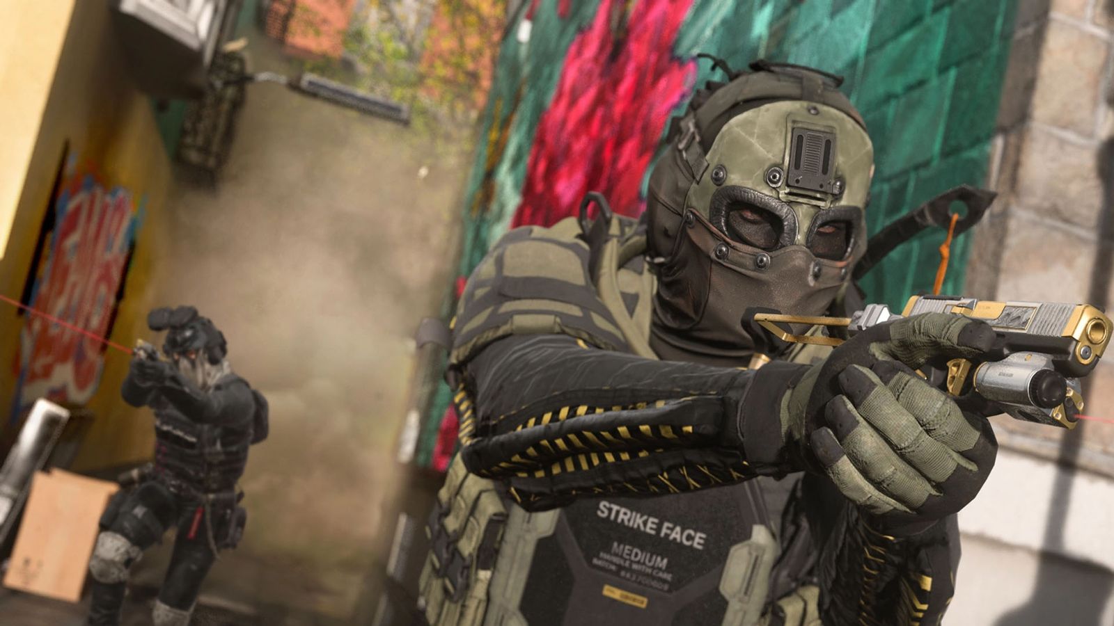 Screenshot of Warzone player holding a pistol with another Warzone player in the background