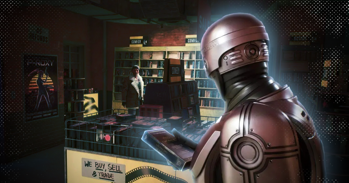 RoboCop browsing a video rental store in RoboCop Rogue City.