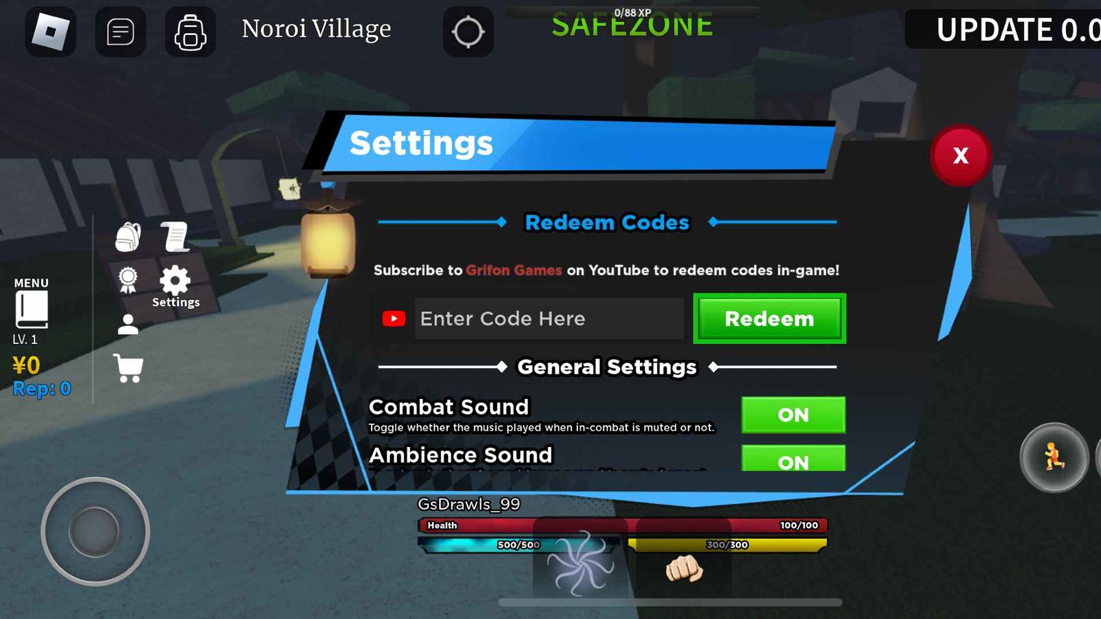 The code redemption page in Kaizen on Roblox.