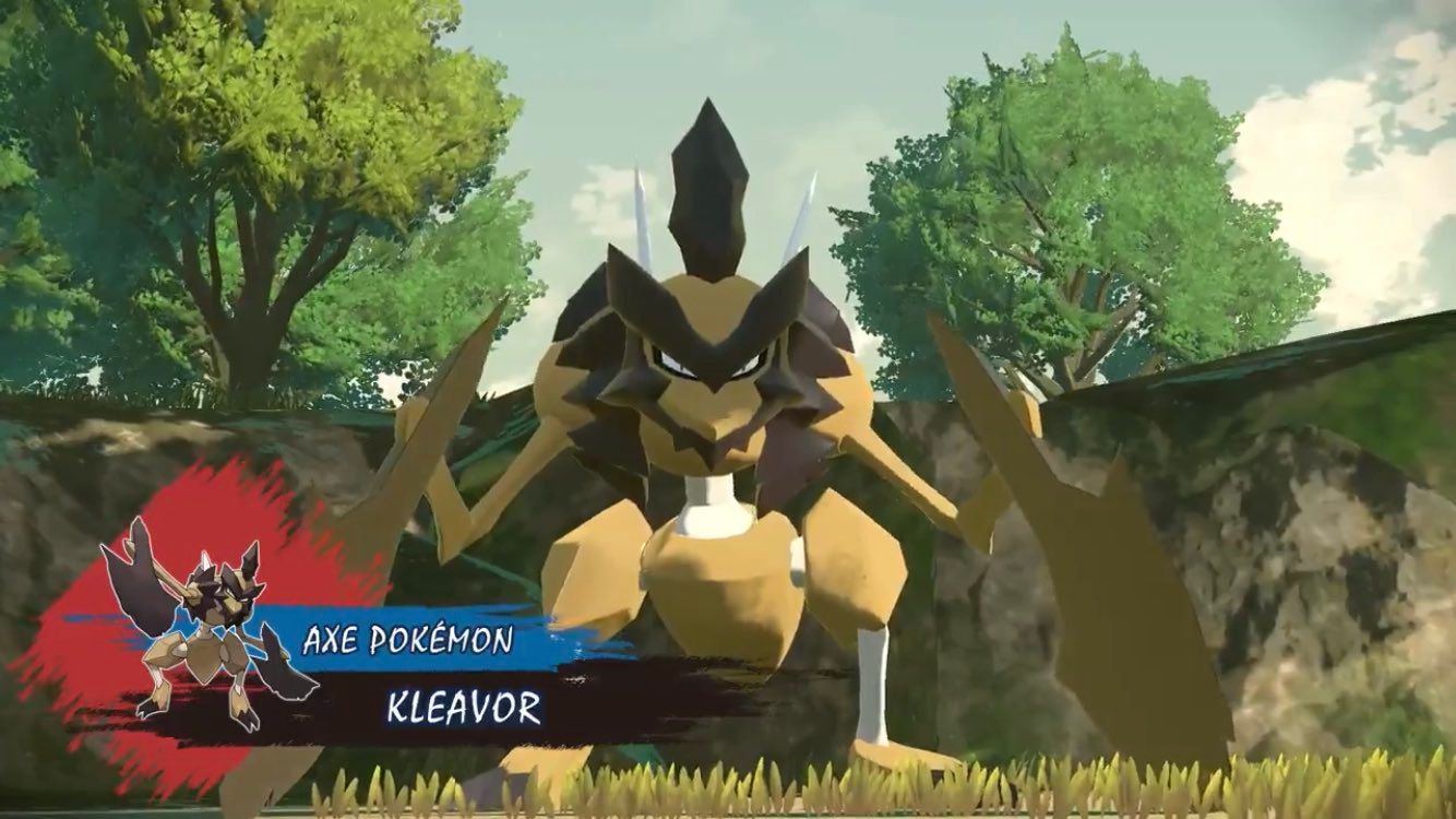 Kleavor, a rocky bug Pokémon, advances towards the camera menacingly.