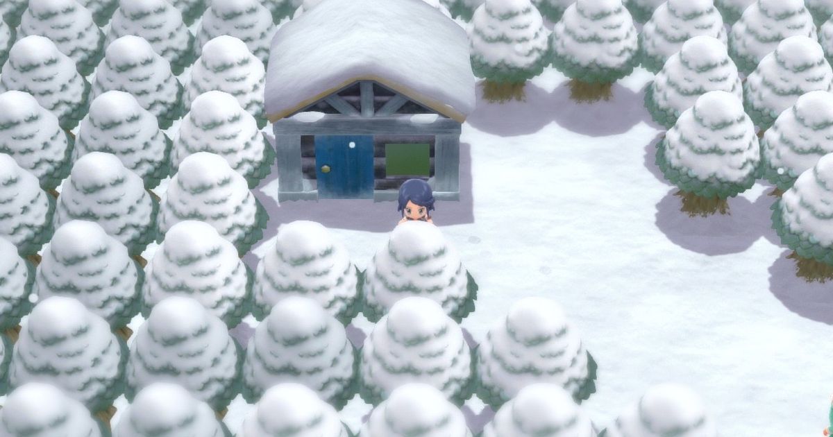 A Pokémon Trainer stood outside a home in Snowpoint City where you can get an Everstone in Pokémon Brilliant Diamond and Shining Pearl.