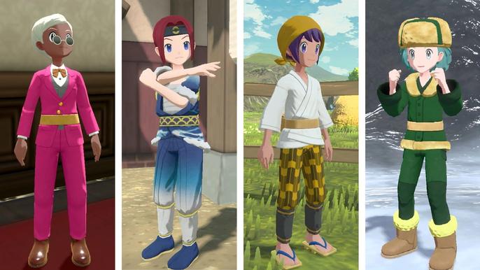 Various outfits for character customisation of Pokémon Trainers in Pokémon Legends: Arceus.