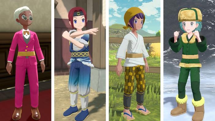 Various outfits for character customisation of Pokémon Trainers in Pokémon Legends: Arceus.