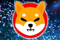 Shiba Inu Coin logo in front of blue background featuring confetti.
