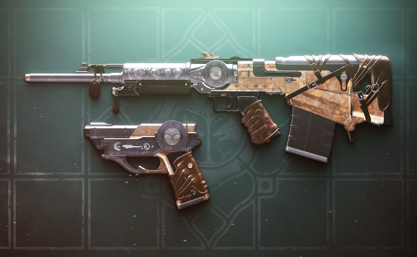 Image of weapons from Destiny 2, showing the side profile of Forge's Pledge and Peacebond.