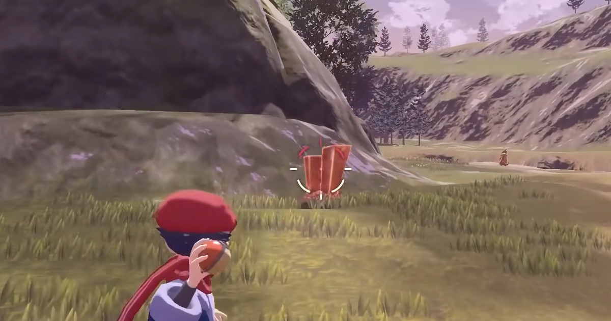 A Pokémon Trainer about to throw a Poké Ball to have their Rowlet farm for Tumblestone in Pokémon Legends: Arceus.