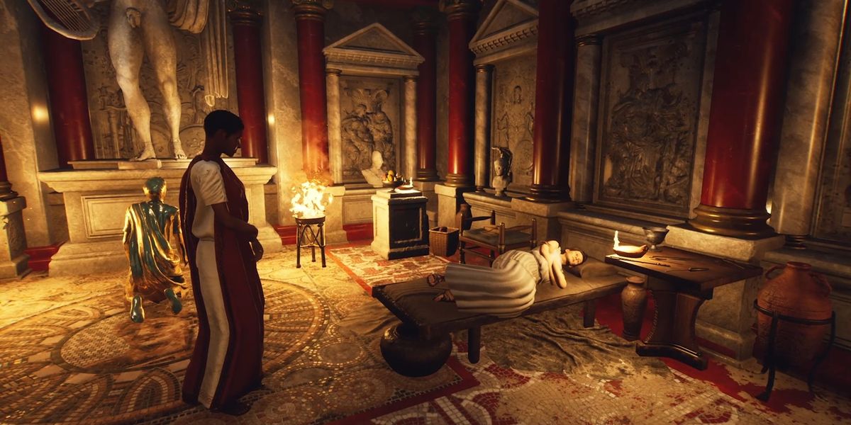 The Forgotten City. Lucretia is looking at the ill Lulia laying down inside Apollo's Shrine. Lucretia is on the left and Lulia is laying on a small bed on the right. The entire room is decorated with red and gold.