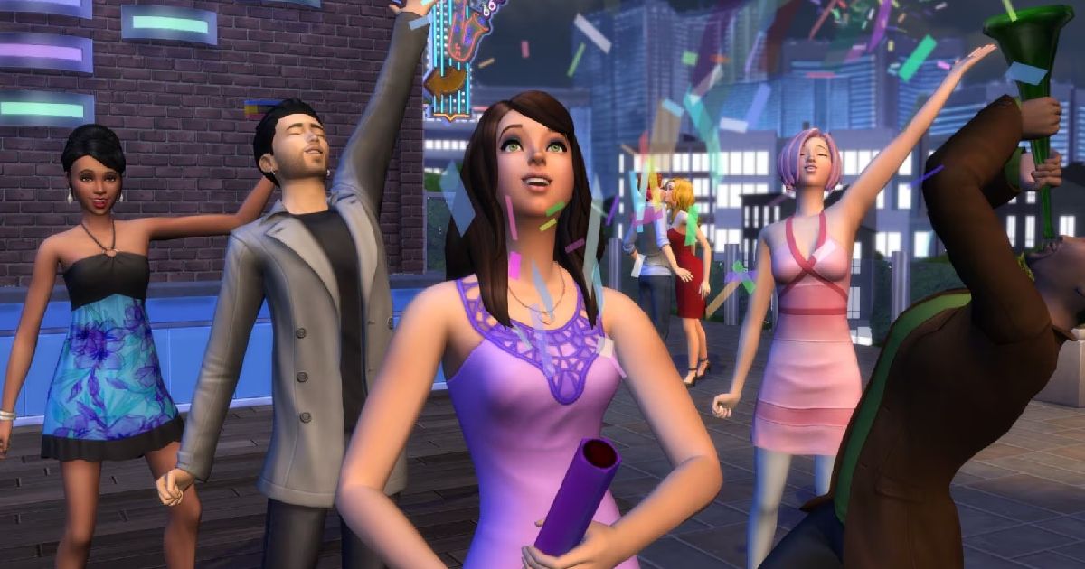 A collection of Sims at a party, with a brown haired Sim in a purple vest top in the centre shooting a confetti cannon.