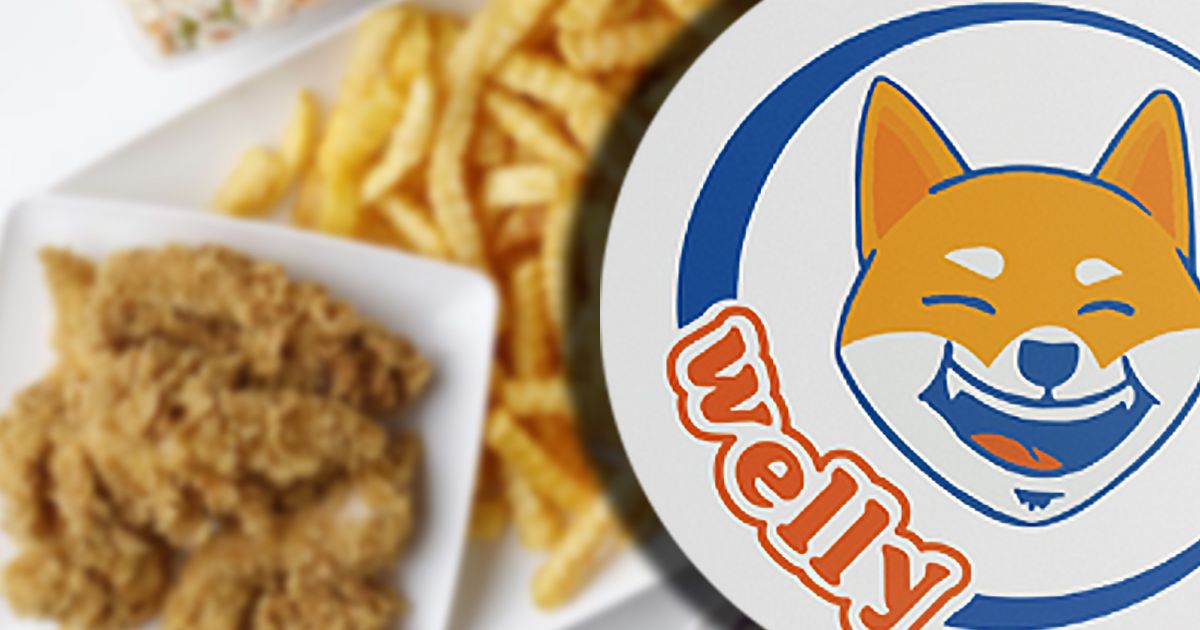 Welly fast food restaurant logo next to blurred fried chicken, after SHIB-themed restaurant receieves thousands of applications.