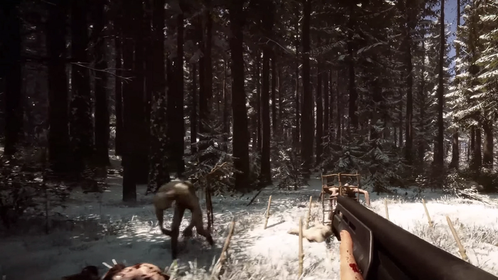 The character with a gun is somewhere in the winter forest in Sons of the Forest.