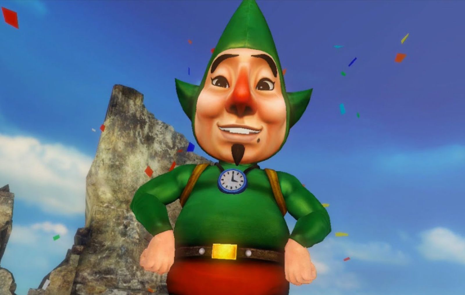 Image of a person with a red nose wearing a full-green outfit with a clock in the centre of his chest, plus red trousers with a brown belt.