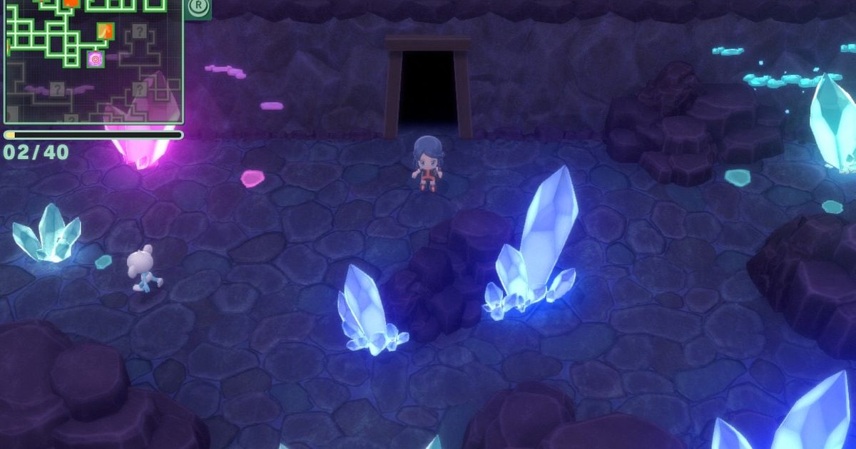 A Pokémon Trainer inside of a Dazzling Cave in the Grand Underground in Pokémon Brilliant Diamond and Shining Pearl.