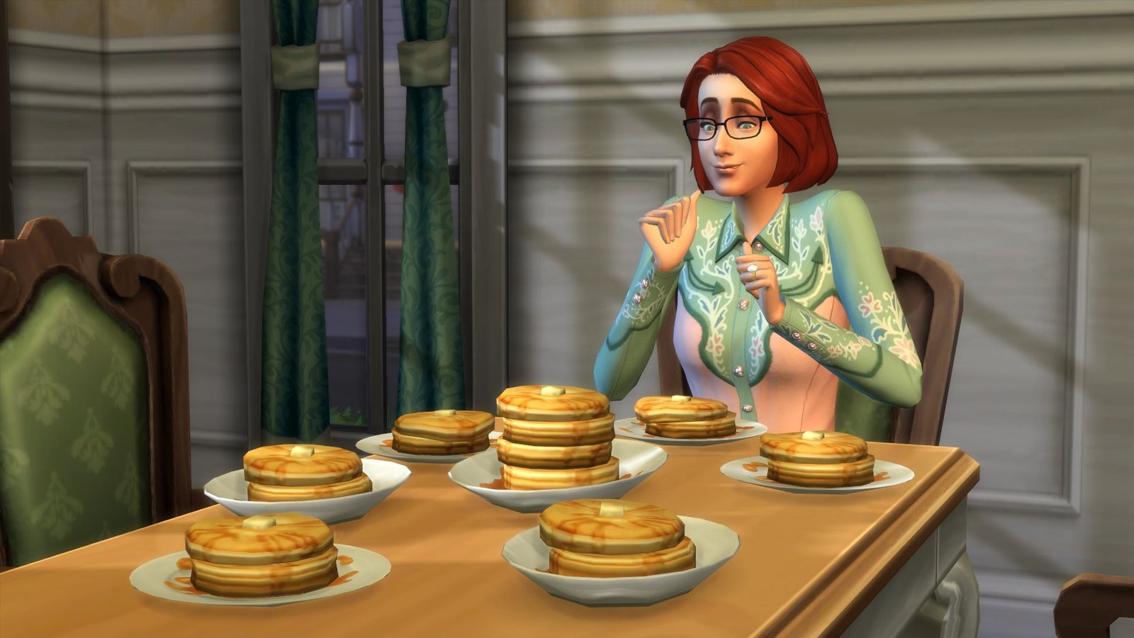 A young woman standing near a table filled with delicious pastries, while a woman behind her assists with the Sims 4 Horse Ranch cheats.