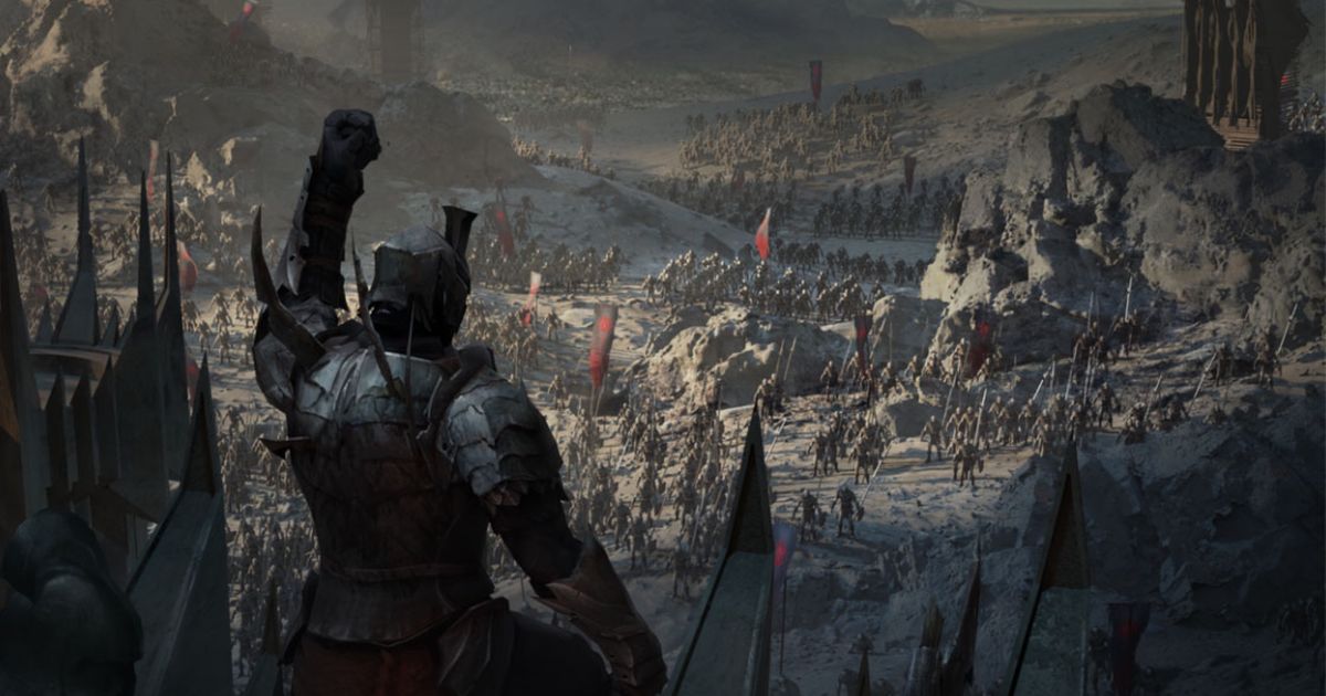 Screenshot from The Lord of the Rings: Rise to War, with an army chief rallying their troops