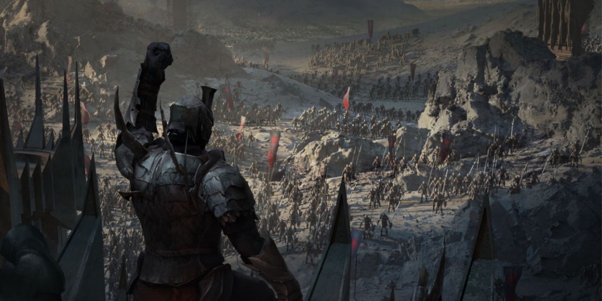 Screenshot from The Lord of the Rings: Rise to War, with an army chief rallying their troops
