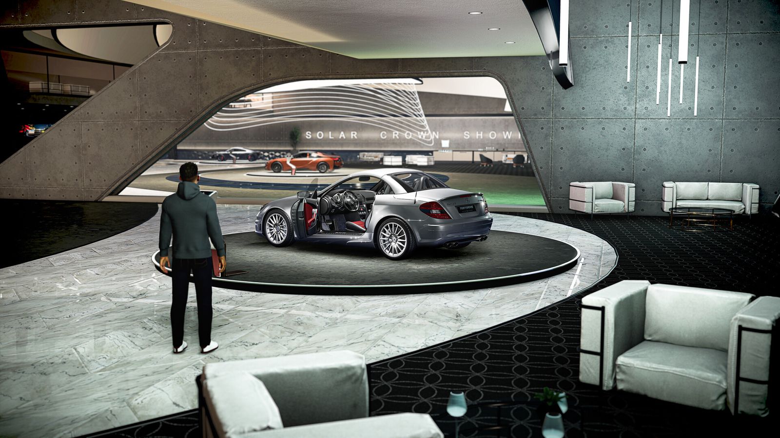a small Mercedes in a showroom in Test Drive Unlimited Solar Crown