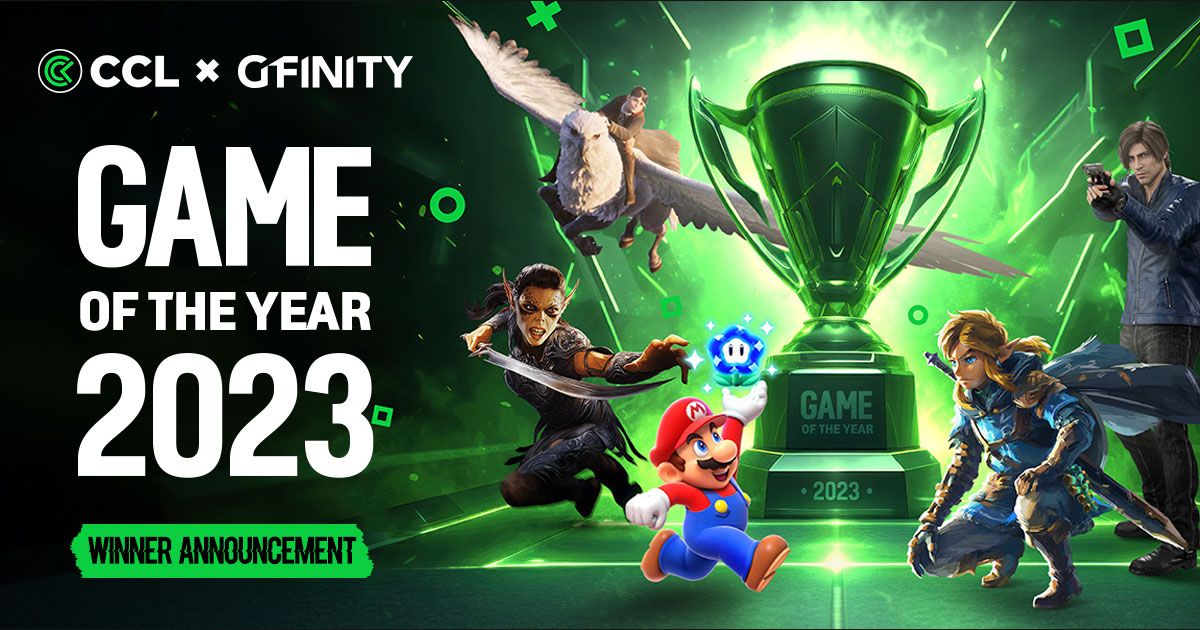 A green trophy surrounded by video game characters next to Game Of The Year branding.