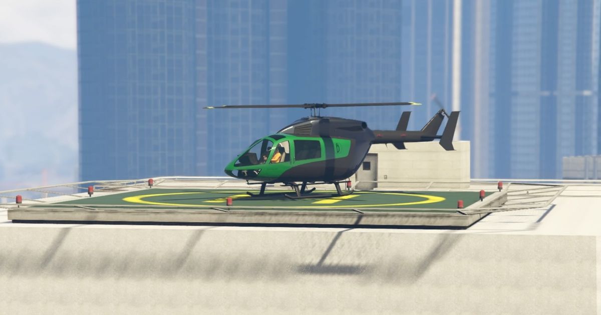 GTA Online The Contract DLC Agency Services Company Helicopter on Helipad. The Helicopter is black and green, it is on a green helipad on top of the Agency Building in the middle of Los Santos