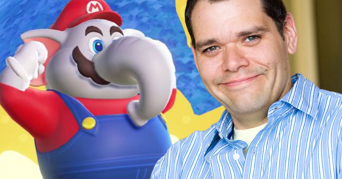 New Mario voice actor Mick Wingert next to an image of Elephant Mario from Super Mario Bros Wonder 