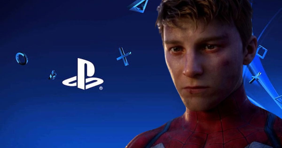 Peter Parker from Insomniac's Spider-Man looking grimly at the Sony PlayStation logo