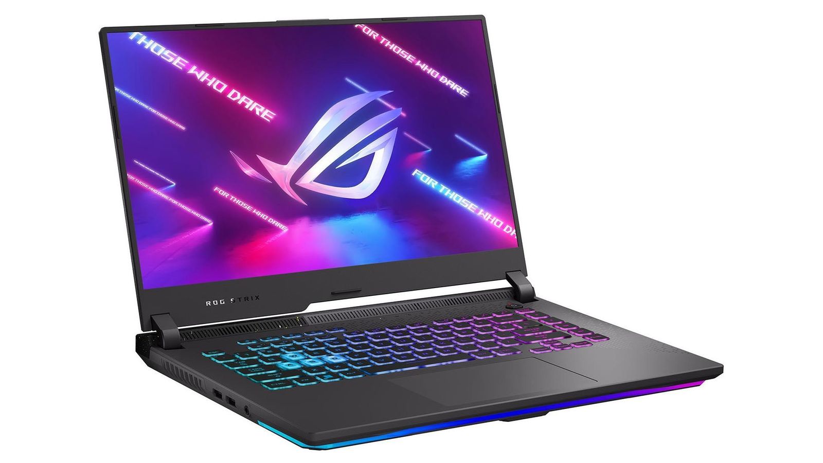 Best Redfall gaming laptop - ASUS ROG Strix G15 product image of a dark grey ASUS laptop featuring pink, purple, and blue backlit keys, lighting, and display.
