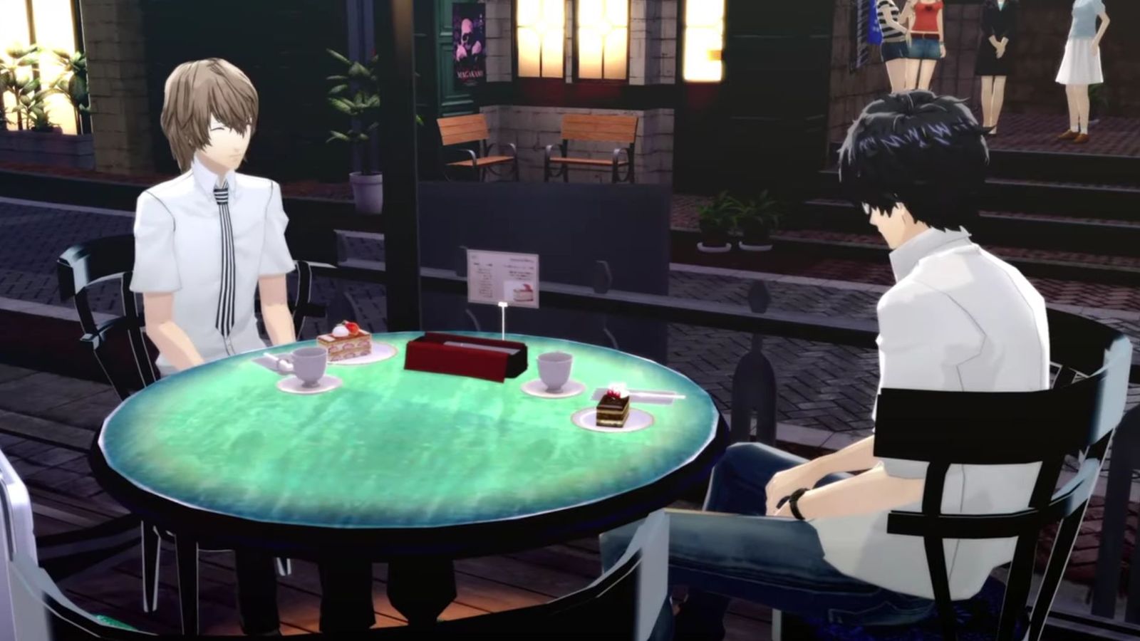 Akechi and Joker sitting at a cafe in Persona 5 Royal