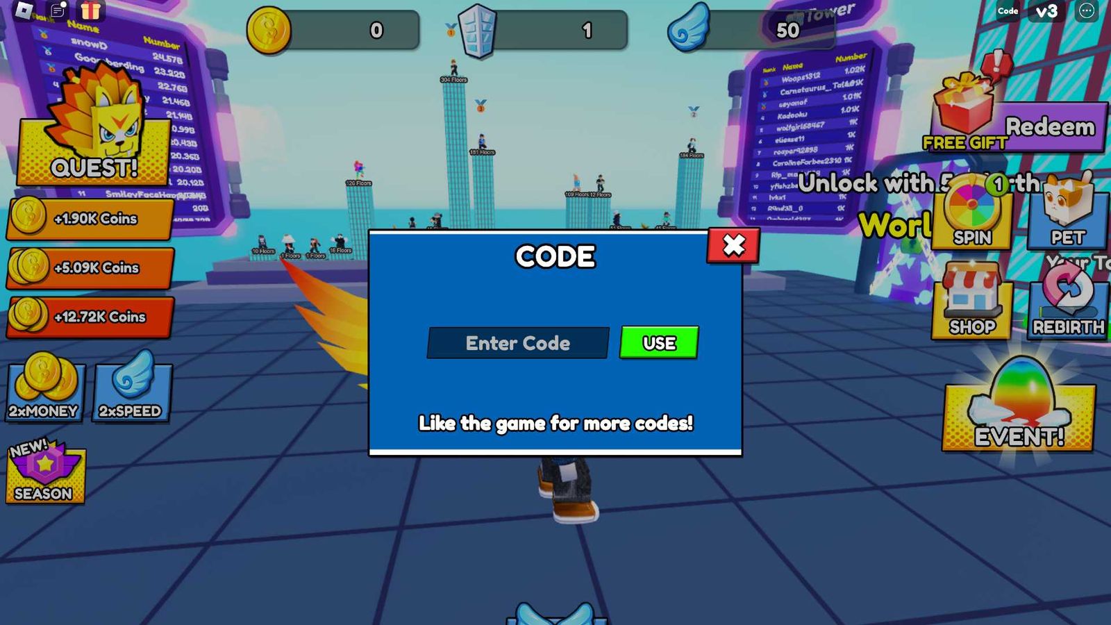 The code redemption screen in Building Towers to Fly Farther.