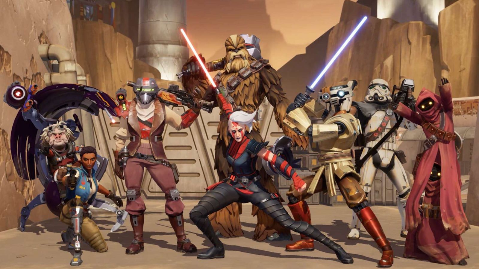 A group of characters are standing next to each other holding weapons in Star Wars: Hunters