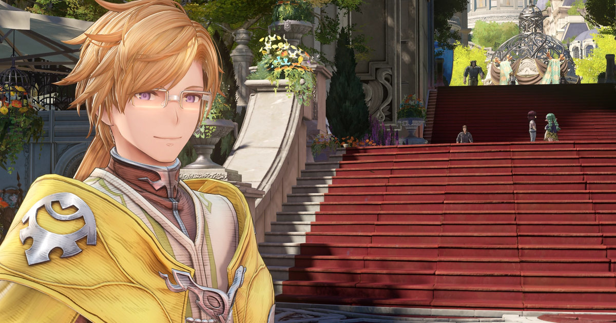 granblue fantasy relink rolan in front of red stairs of seedhollow
