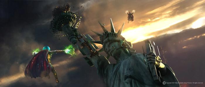 Mysterio is fighting Doctor Strange on top of the Statue of Liberty.