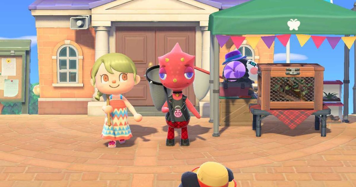 Animal Crossing New Horizons. The player is standing with Flick at the Bug-Off event tent outside Resident Services.