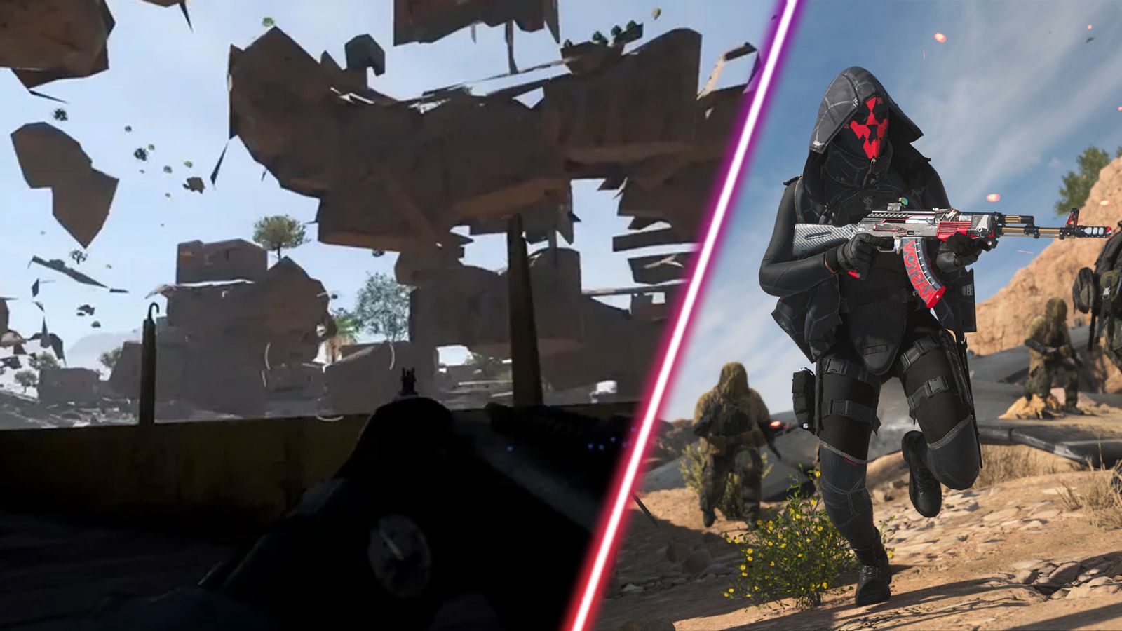Screenshot of Modern Warfare 2 player stuck underneath the map and Modern Warfare 2 player sprinting and holding assault rifle