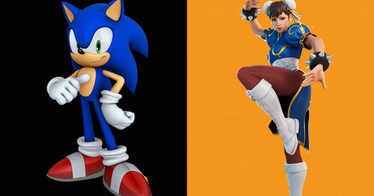 A Sonic The Hedgehog render alongide a Chun-Li skin from Fortnite