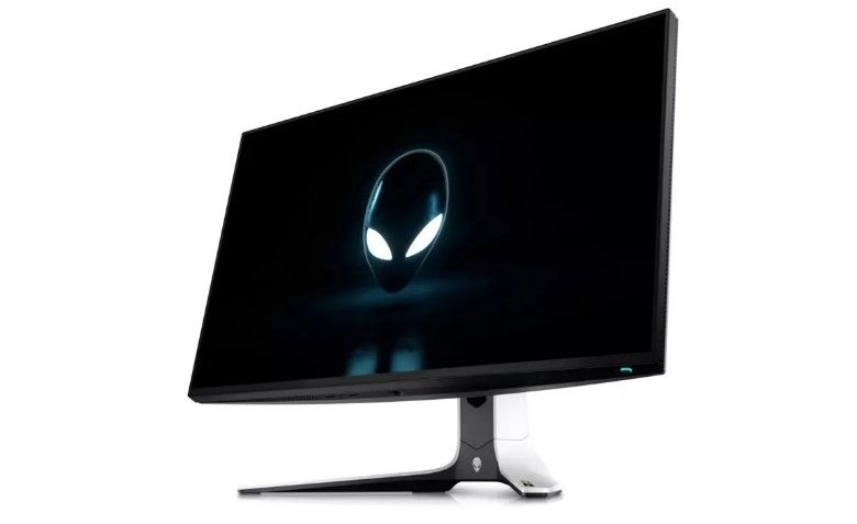 Alienware AW2523HF product image of a black monitor with an alien head with white eyes on the display.
