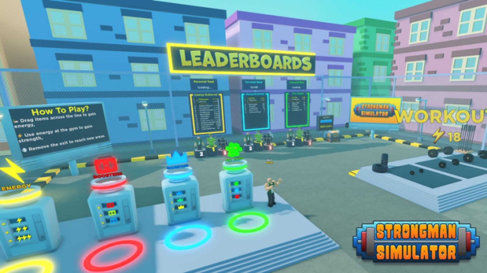 An overview of Strongman Simulator's central square filled with podiums, leaderboards, and workout areas