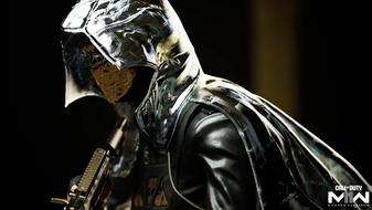 Screenshot of Warzone Io Operator wearing a mask and a black hooded cloak