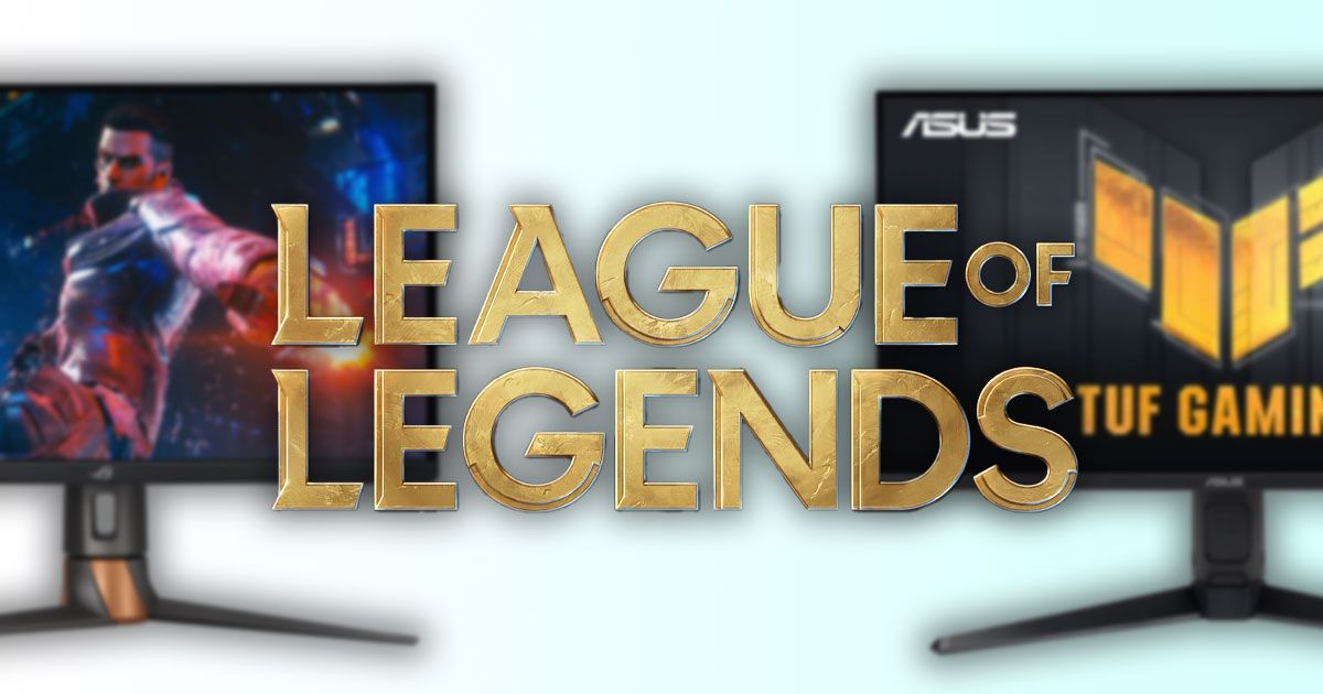 League of Legends logo in gold with two different black ASUS monitors in the background on either side.